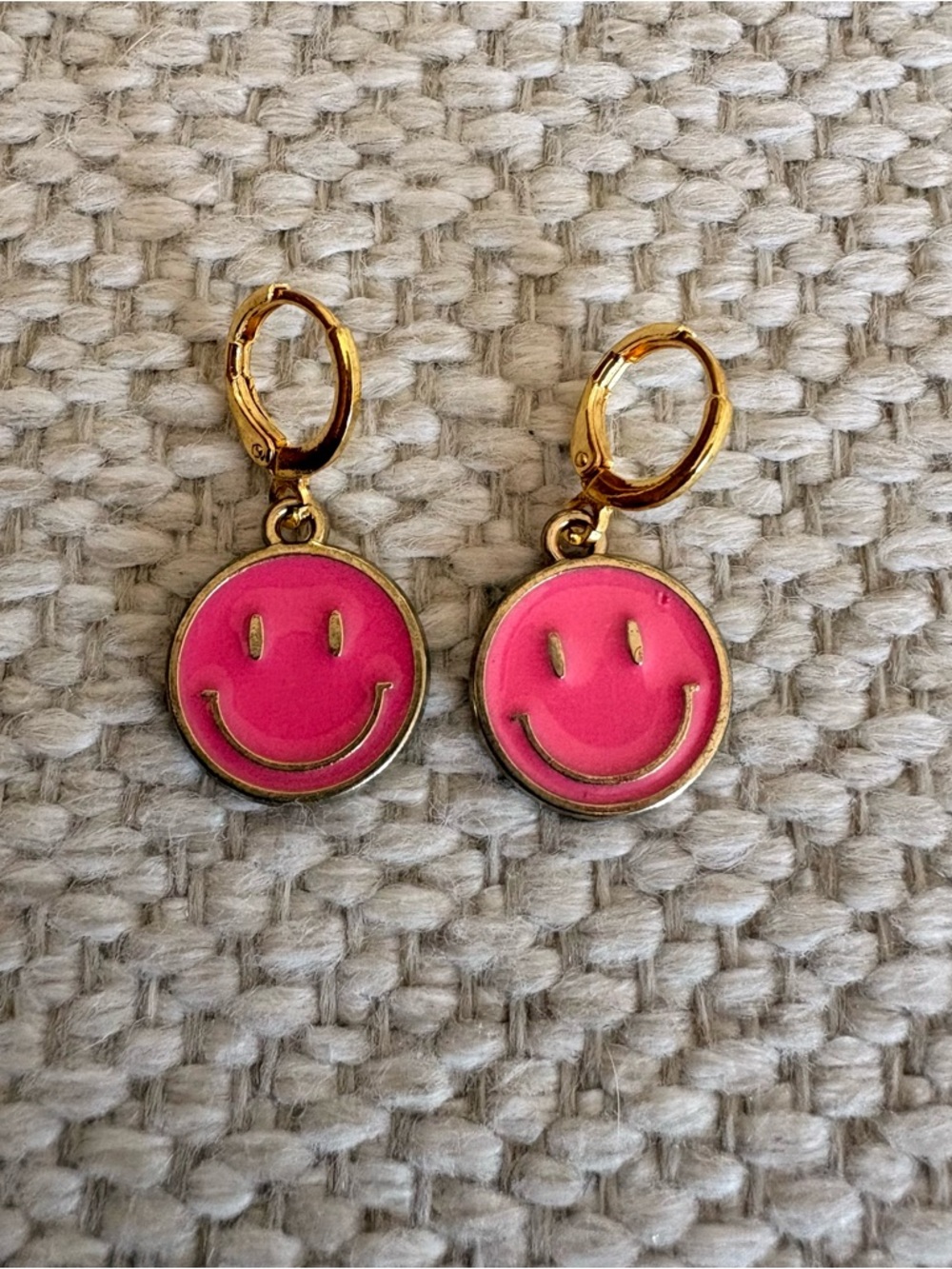 Pink Smile Face Gold Hoop Drop Earrings